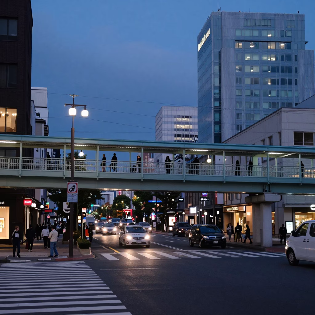 Sapporo Japan Early Evening Street Scene with Pedestrian Overpass and Wet Footsteps in in Sapporo, Japan