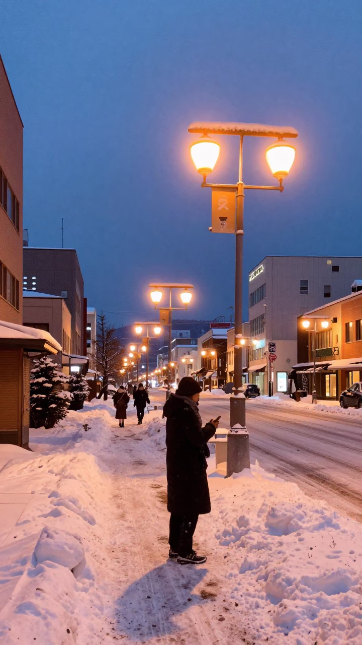 Sapporo Japan Early Evening Street Scene with Snow and Sodium Lights in in Sapporo, Japan