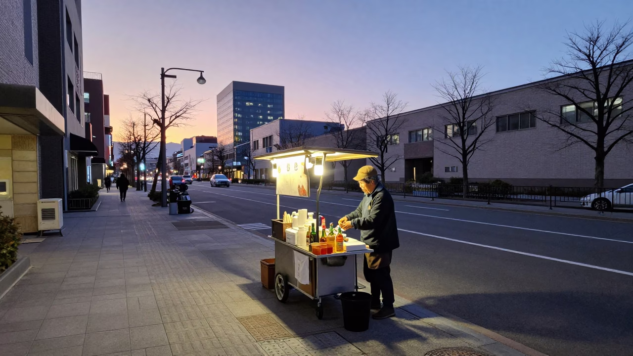 Sapporo Japan Early Evening Street Scene with Tongs and Bottle Opener in in Sapporo, Japan