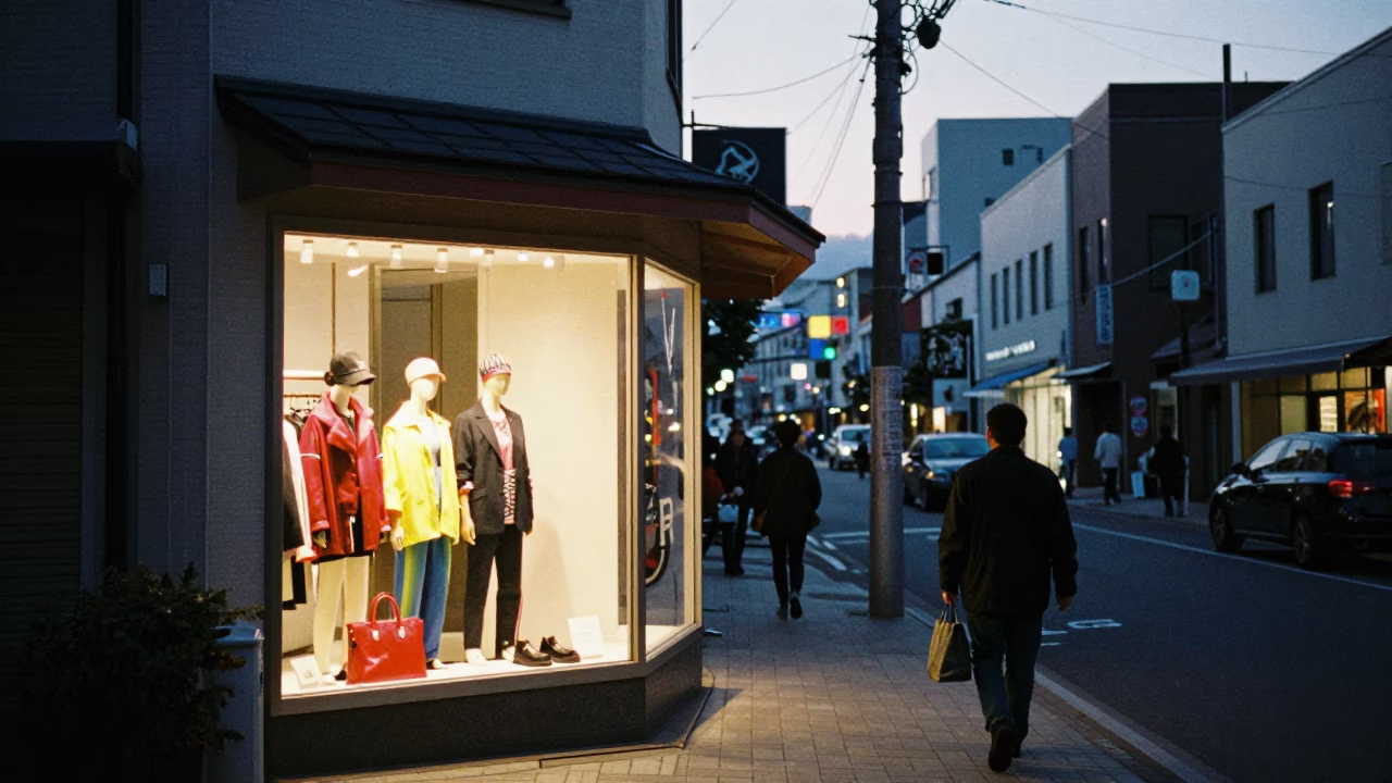 Sapporo Japan Early Evening Street Scene with Window Light and Local Commerce in in Sapporo, Japan