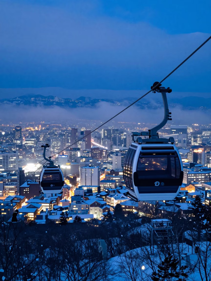 Sapporo Japan Evening Blue Hour Aerial Tramway Gondola Moving Through Fog in in Sapporo, Japan