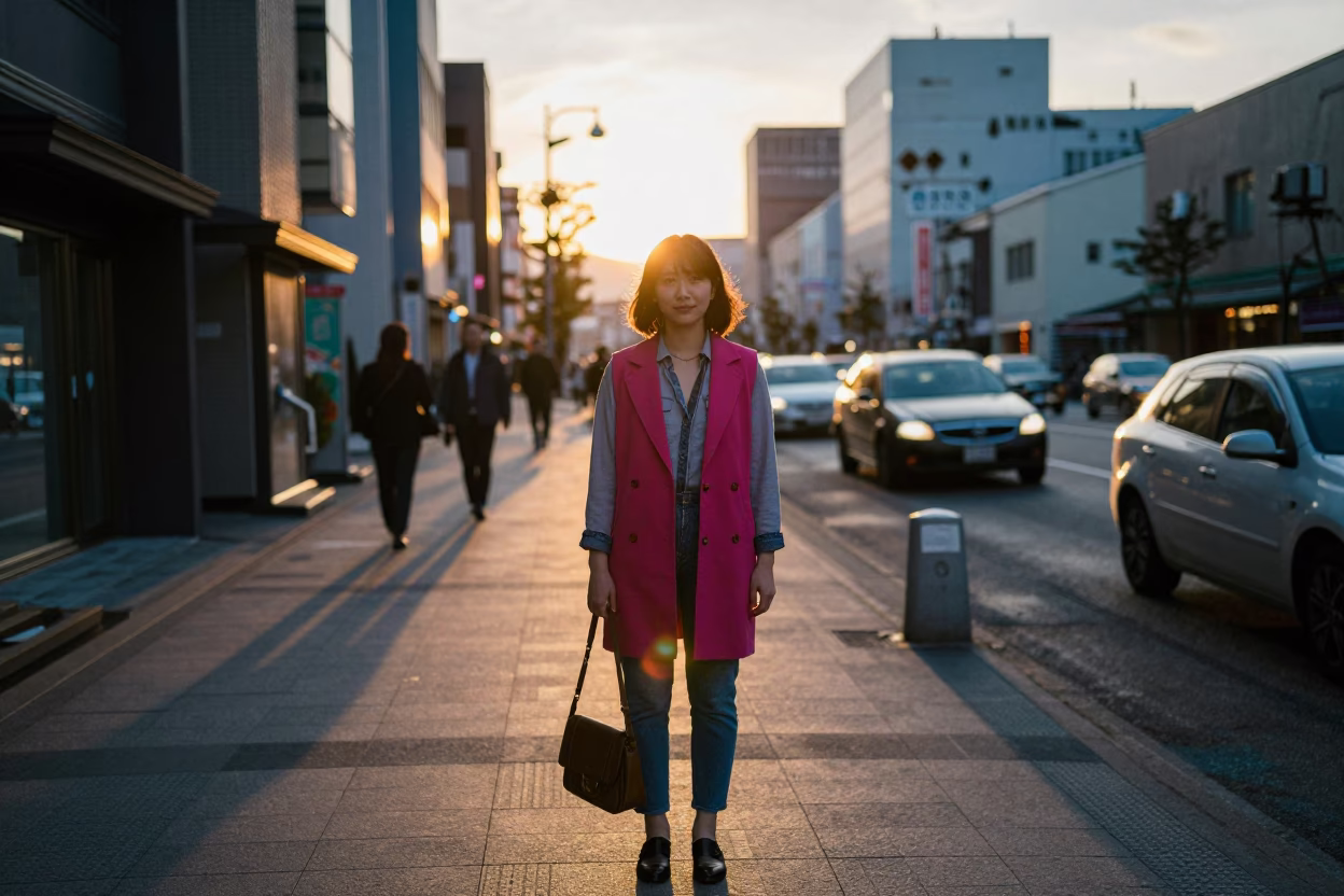 Sapporo Japan Evening Street Fashion Portrait with Vintage Accessories and Urban Sunset in in Sapporo, Japan