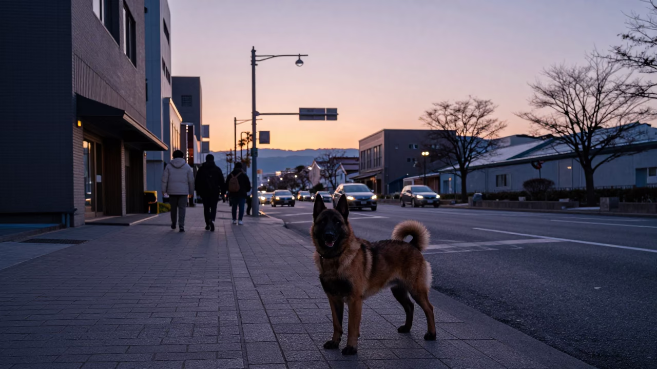 Sapporo Japan Evening Street Scene with Belgian Tervuren and Local Diner in in Sapporo, Japan