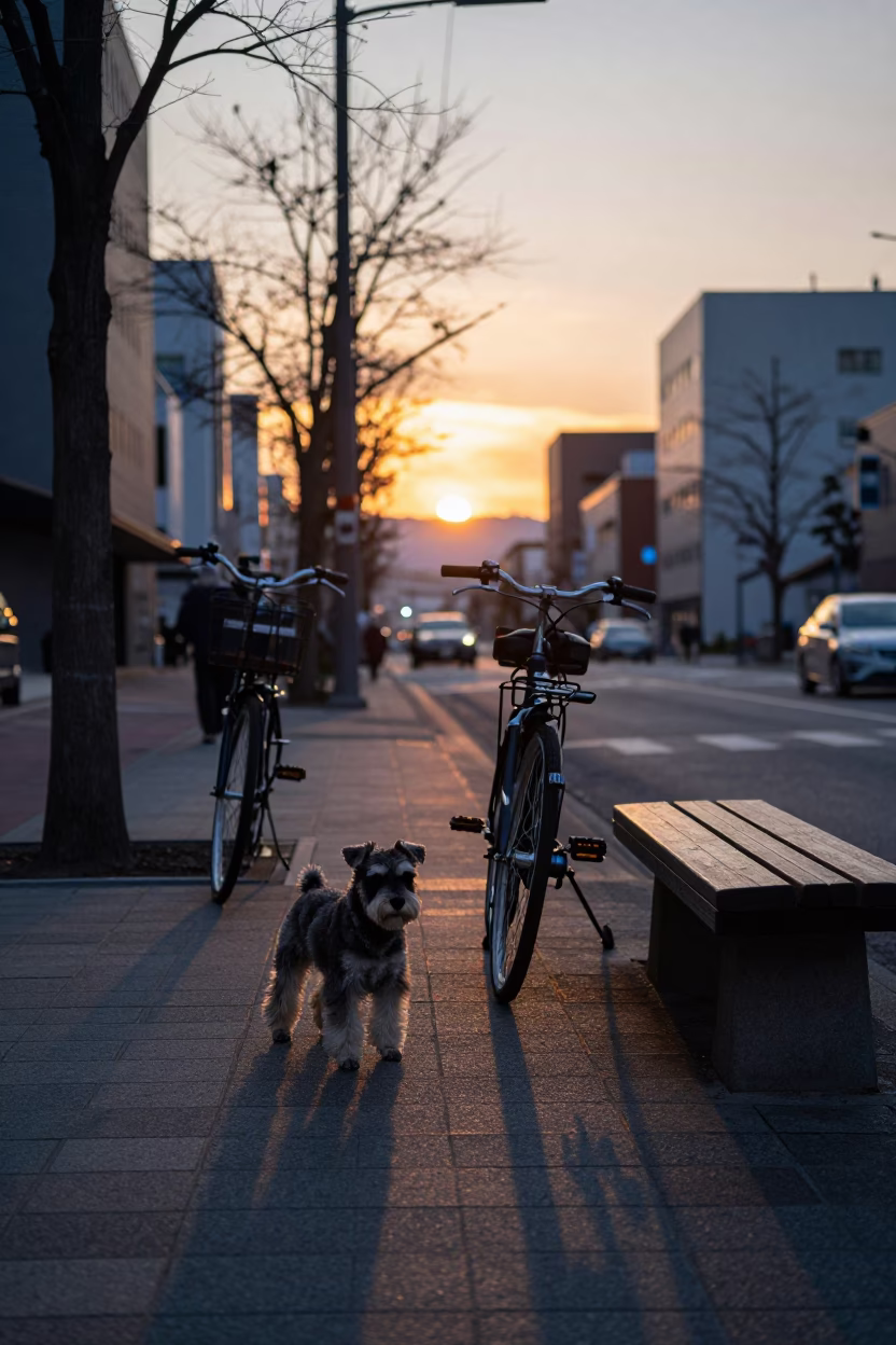 Sapporo Japan Evening Street Scene with Bicycle and Miniature Schnauzer at Sunset in in Sapporo, Japan