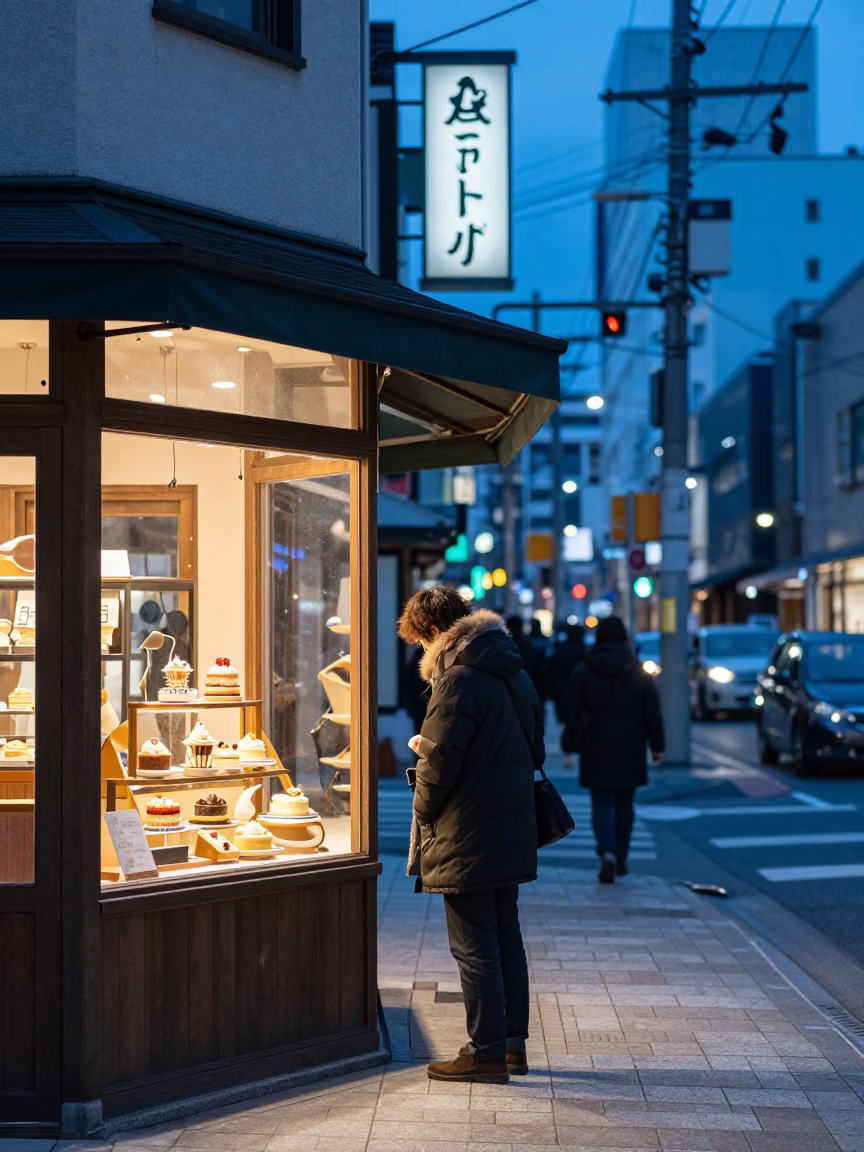 Sapporo Japan Evening Street Scene with Cake Stand Display in Urban Window in in Sapporo, Japan