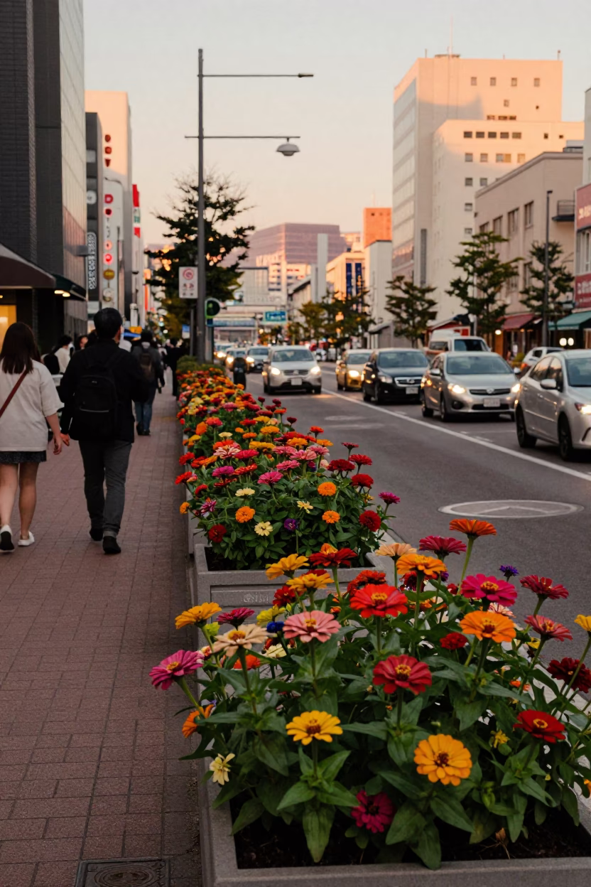 Sapporo Japan Evening Street Scene with Colorful Flowers and Urban Life in in Sapporo, Japan