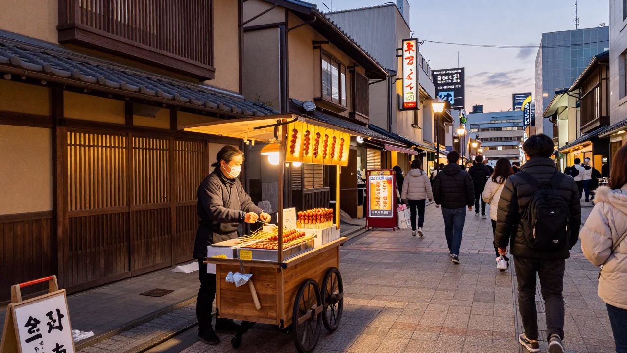 Sapporo Japan Evening Street Scene with Dango Vendor and Traditional Architecture in in Sapporo, Japan
