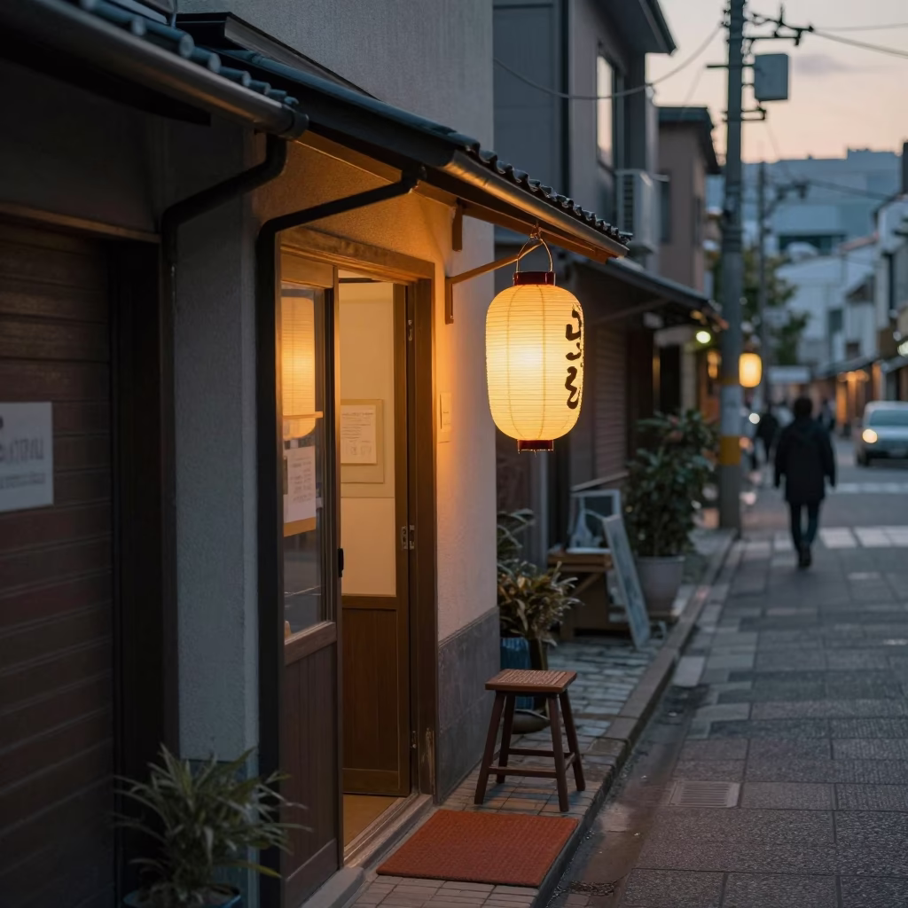 Sapporo Japan Evening Street Scene with Door Mats and Lanterns in in Sapporo, Japan