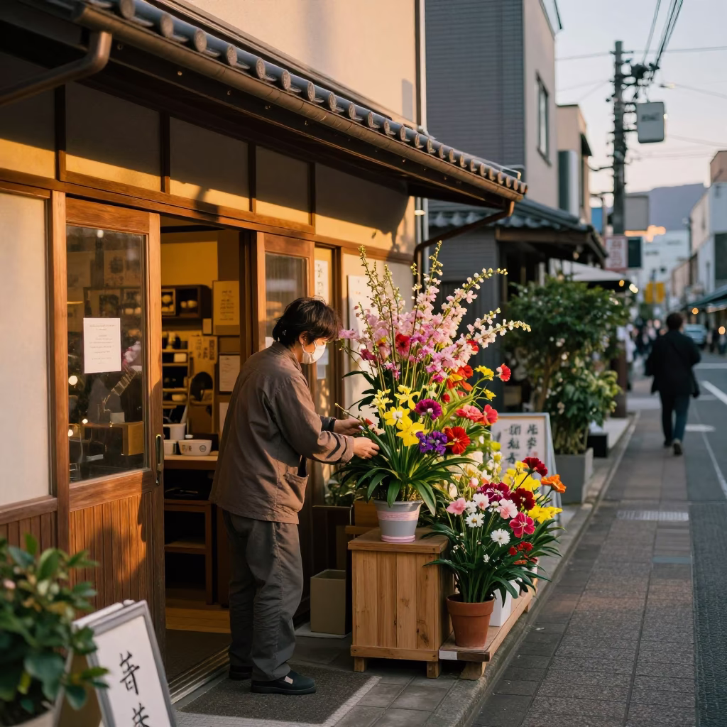 Sapporo Japan Evening Street Scene with Flowering Plant and Traditional Brush Holder in in Sapporo, Japan