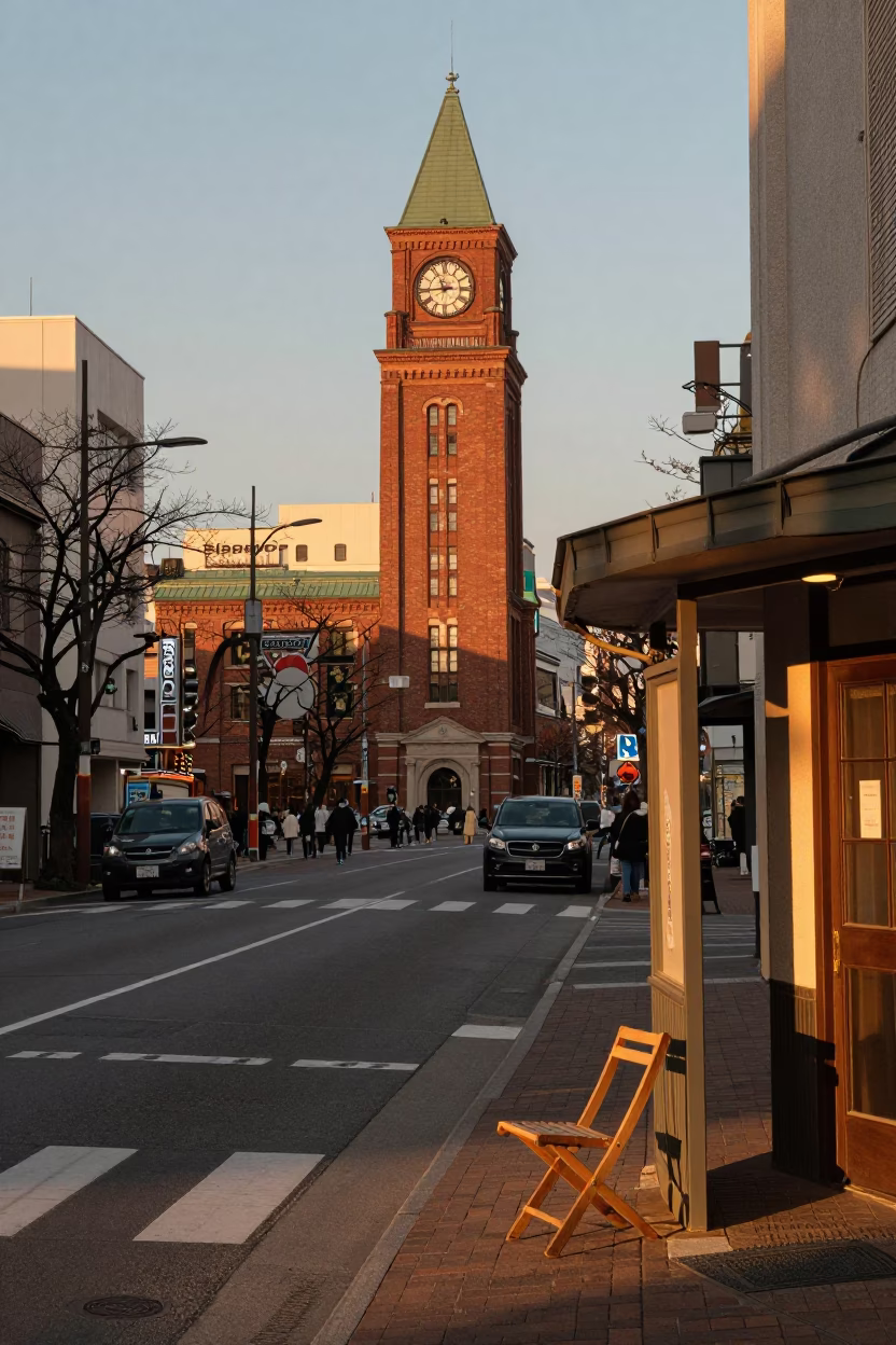 Sapporo Japan Evening Street Scene with Folding Chair and Local Life in in Sapporo, Japan