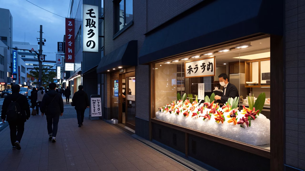 Sapporo Japan Evening Street Scene with Fresh Sashimi Display and Campus Bookstore Course Packets in in Sapporo, Japan