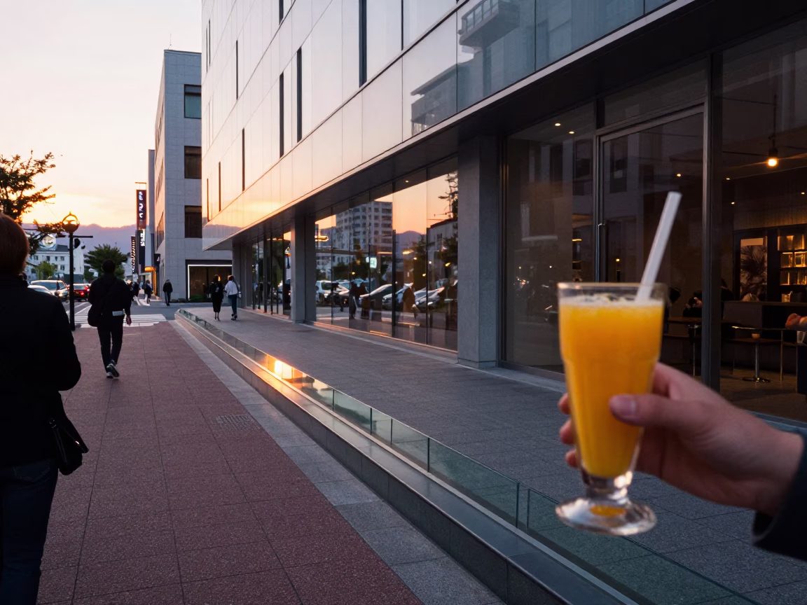 Sapporo Japan Evening Street Scene with Glass Sill Edge and Mango Lassi in in Sapporo, Japan
