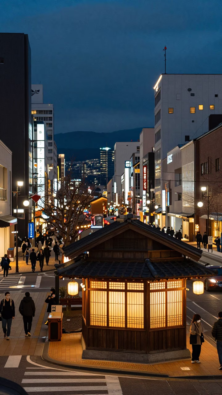 Sapporo Japan Evening Street Scene with Glowing Shop Windows and Traditional Lanterns in in Sapporo, Japan