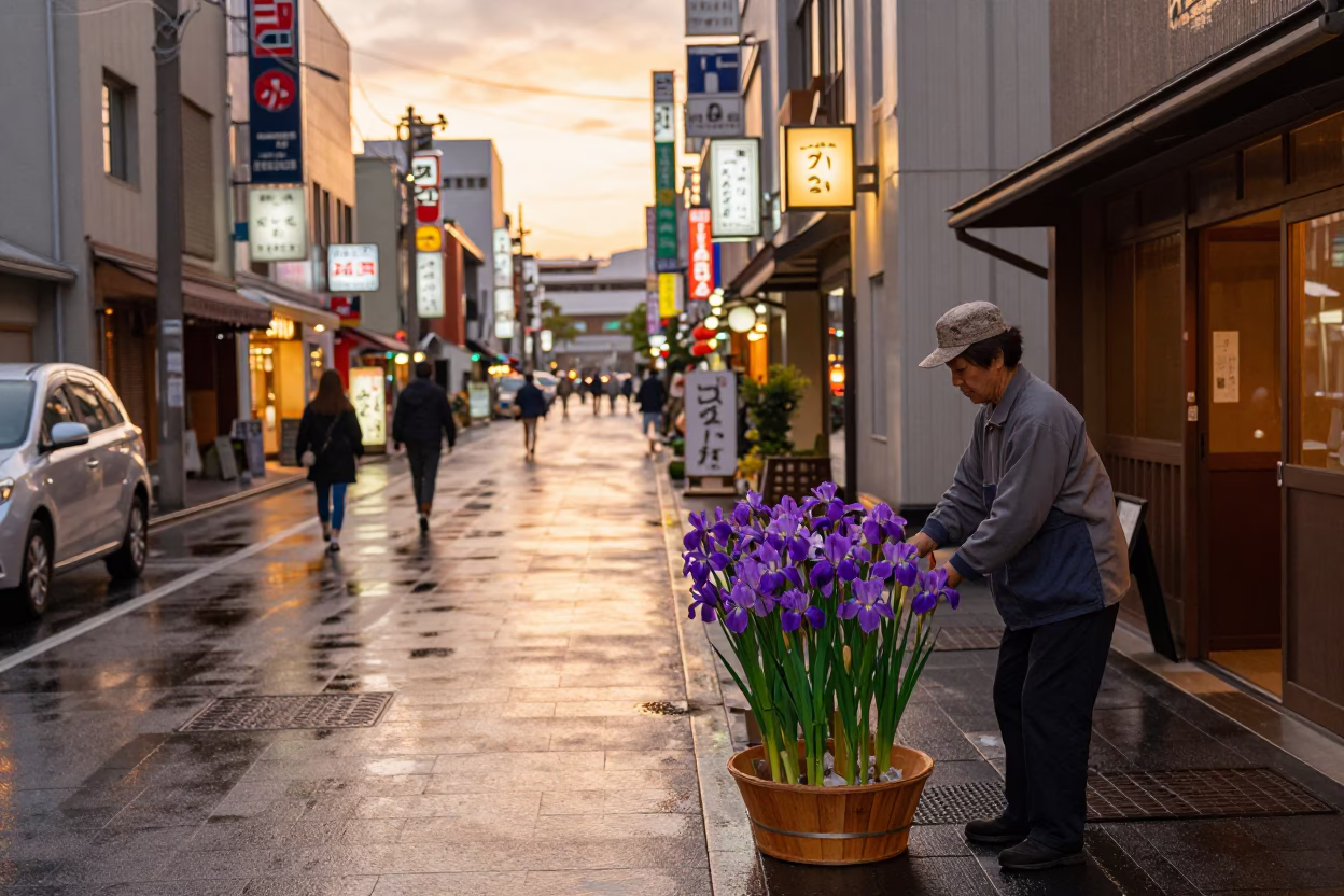 Sapporo Japan Evening Street Scene with Iris Blossoms and Local Interaction in in Sapporo, Japan