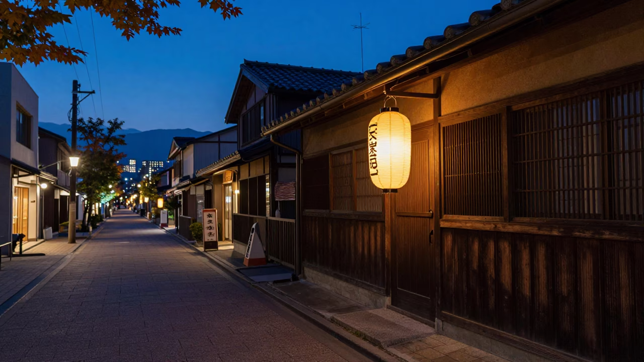 Sapporo Japan Evening Street Scene with Lantern and Leaf Shadows on Drain in in Sapporo, Japan