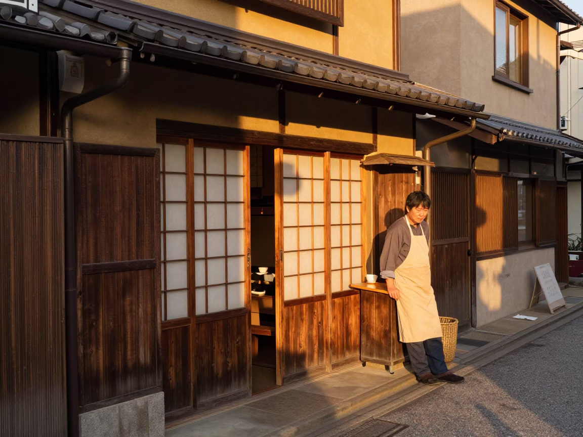 Sapporo Japan Evening Street Scene with Local Shopkeeper and Vintage Tools in in Sapporo, Japan