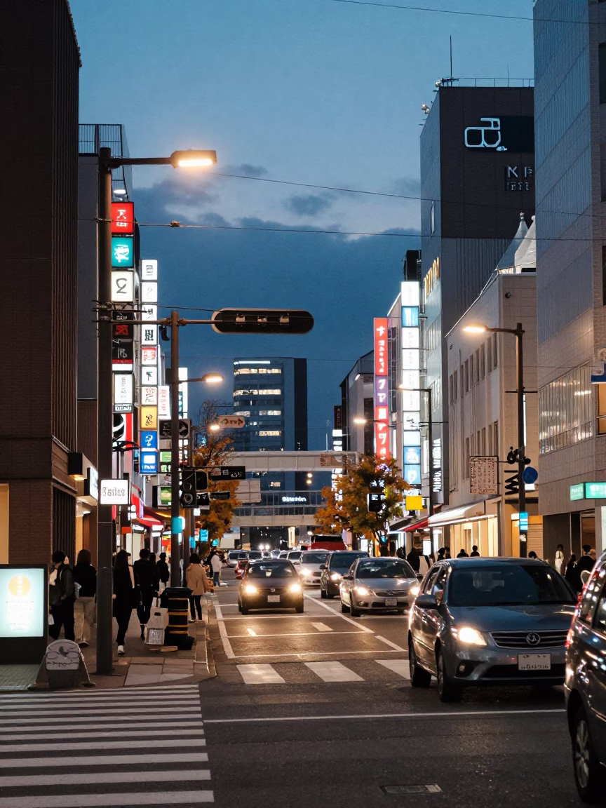 Sapporo Japan Evening Street Scene with Neon Lights and Local Pedestrians in in Sapporo, Japan