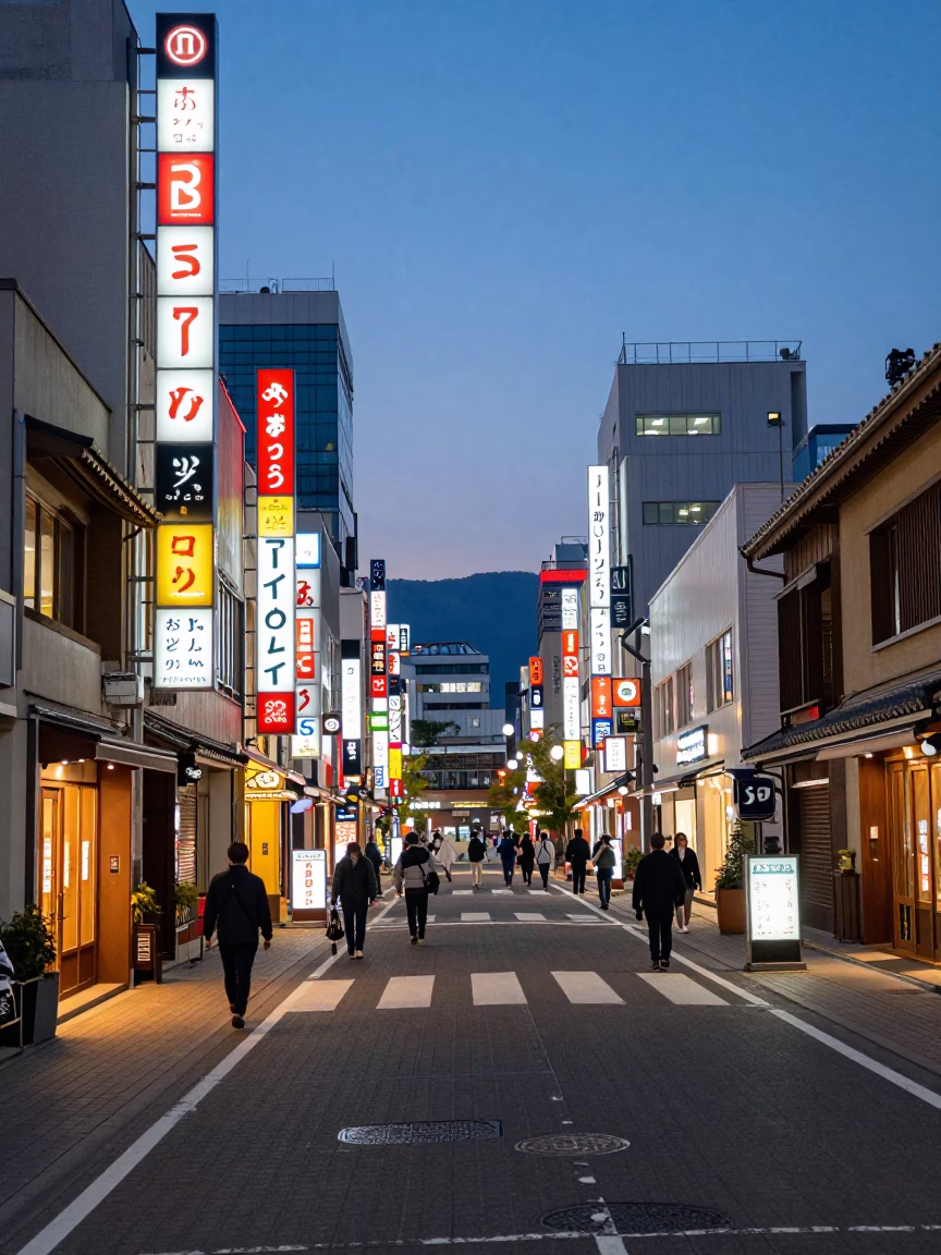Sapporo Japan Evening Street Scene with Neon Signs and Local Shopfronts in in Sapporo, Japan
