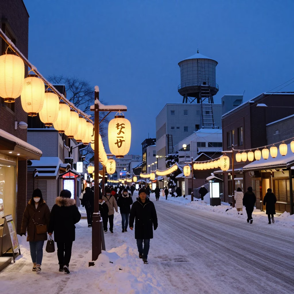Sapporo Japan Evening Street Scene with Paper Lanterns and Winter Frost at Dusk in in Sapporo, Japan