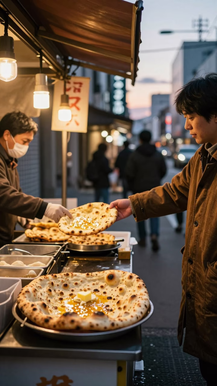 Sapporo Japan Evening Street Scene with Plate of Naan and Garlic Butter in in Sapporo, Japan
