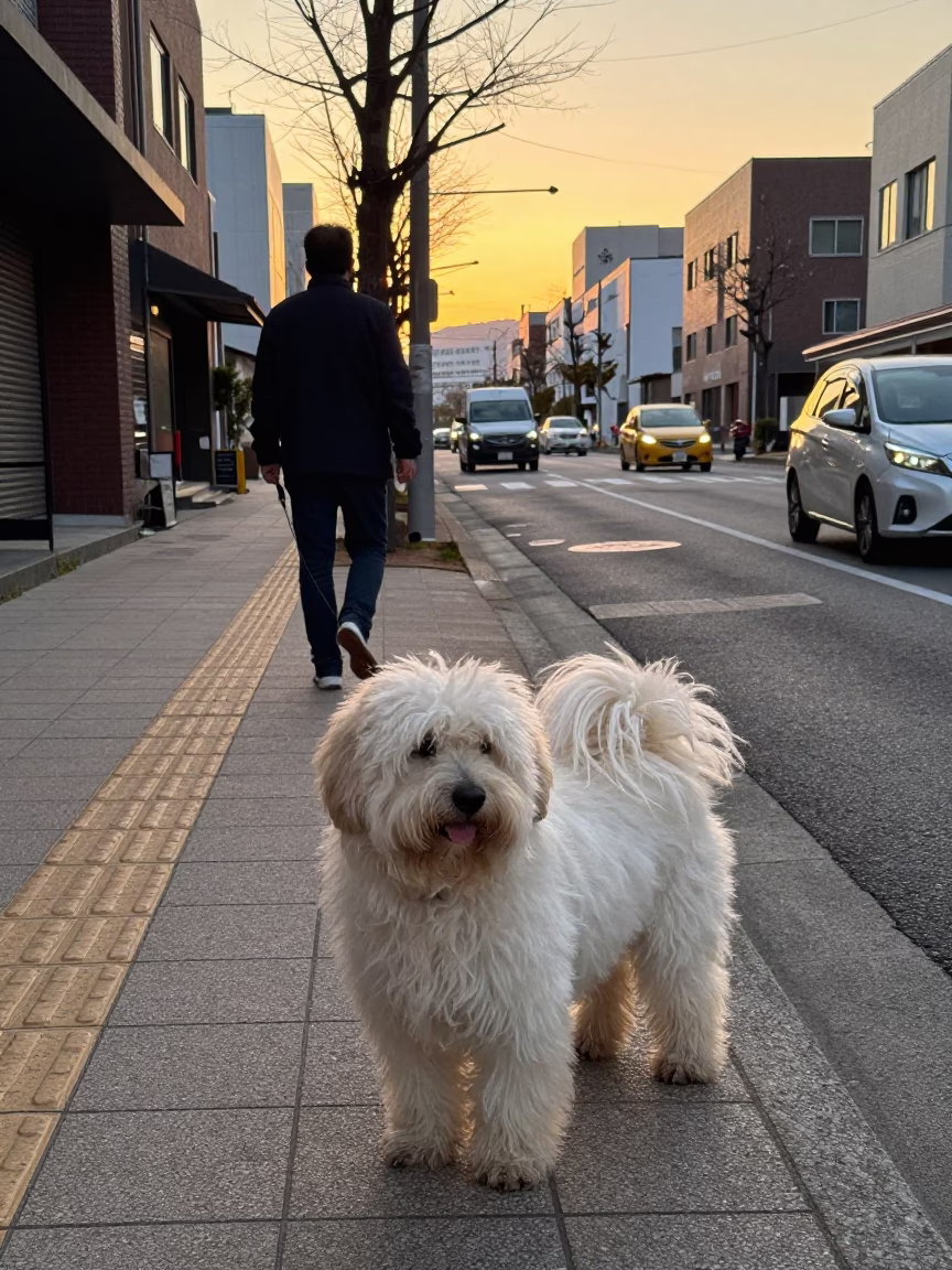 Sapporo Japan Evening Street Scene with Portuguese Sheepdog and Local Shopkeeper in in Sapporo, Japan