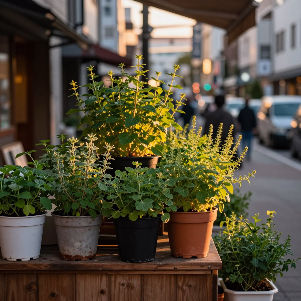 Sapporo Japan Evening Street Scene with Potted Herbs and Local Cuisine in in Sapporo, Japan