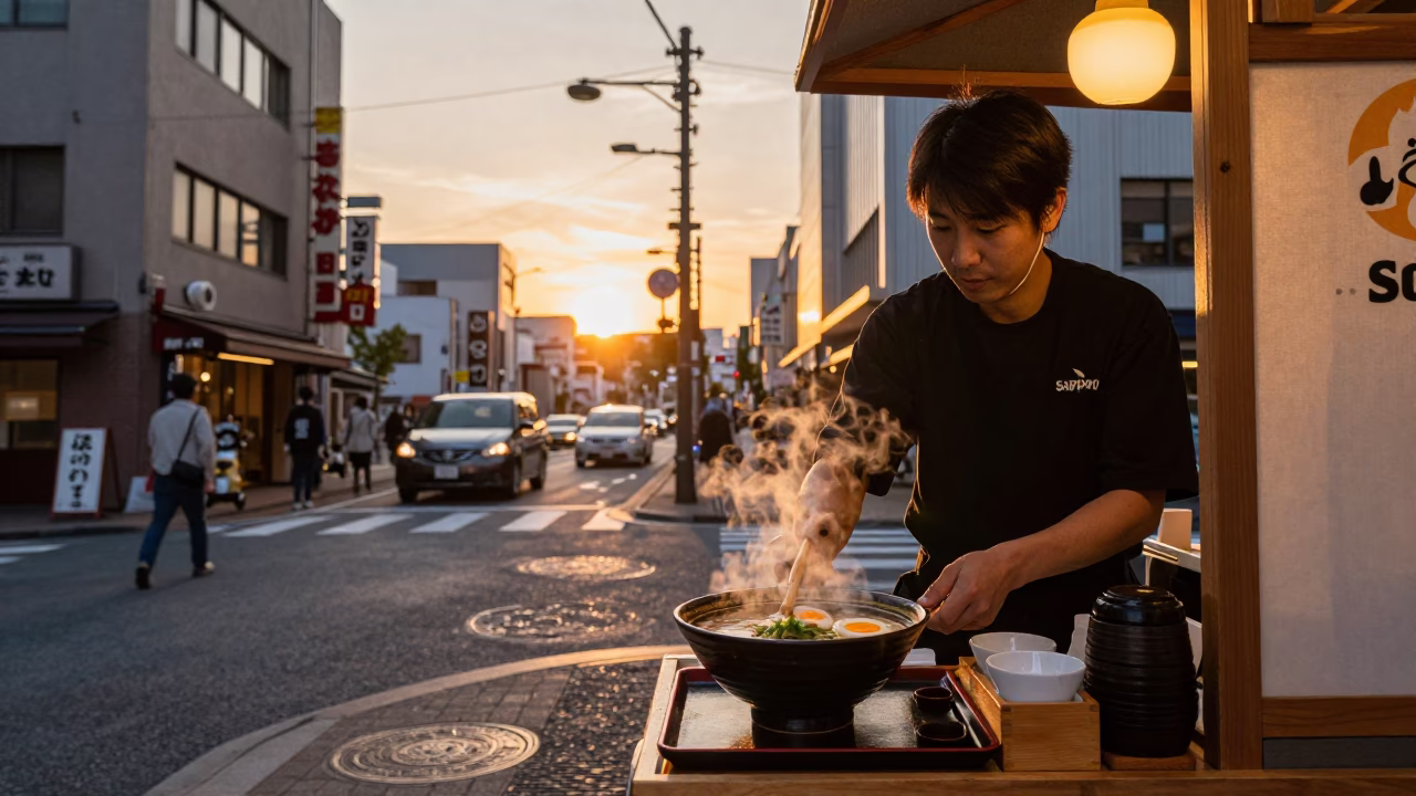 Sapporo Japan Evening Street Scene with Ramen Bowl and Wooden Tray in in Sapporo, Japan