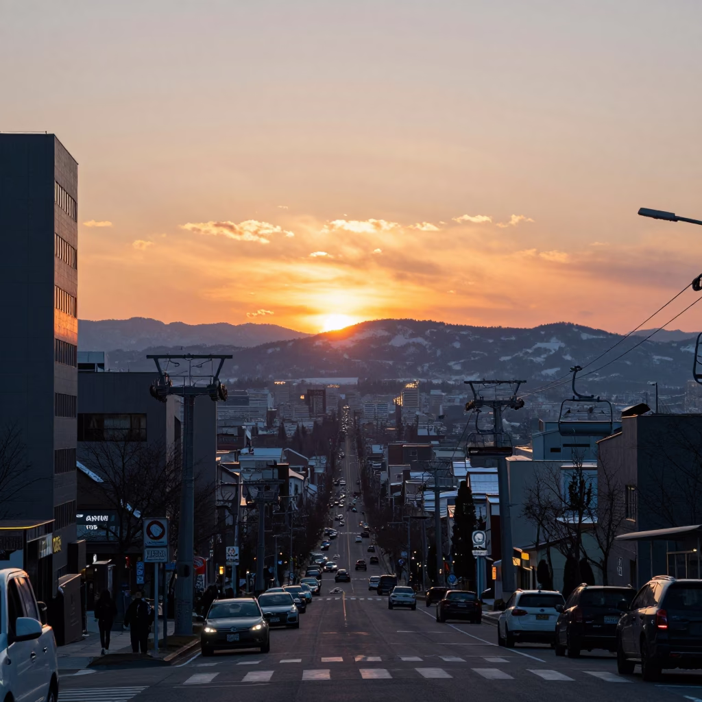 Sapporo Japan Evening Street Scene with Ski Lifts and Urban Architecture in in Sapporo, Japan