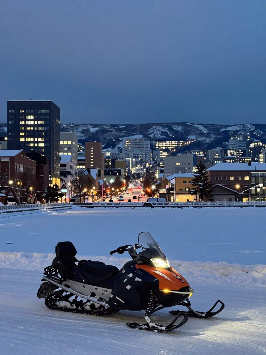 Sapporo Japan Evening Street Scene with Snowmobile and Urban Lights at Dusk in in Sapporo, Japan