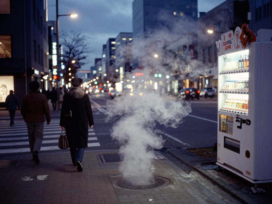 Sapporo Japan Evening Street Scene with Steam and City Lights in in Sapporo, Japan