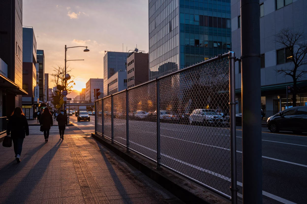 Sapporo Japan Evening Street Scene with Substation Fence and Urban Life in in Sapporo, Japan