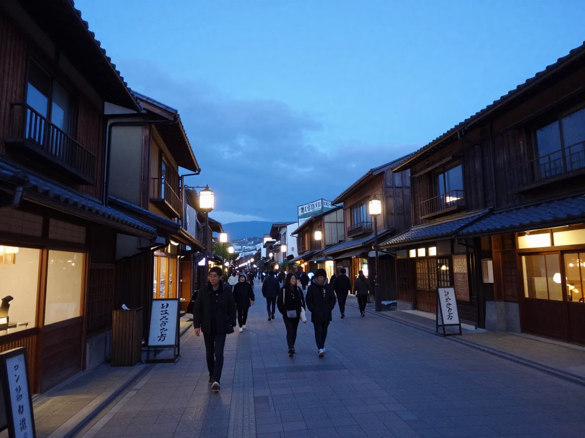 Sapporo Japan Evening Street Scene with Traditional Architecture and Local Activity in in Sapporo, Japan