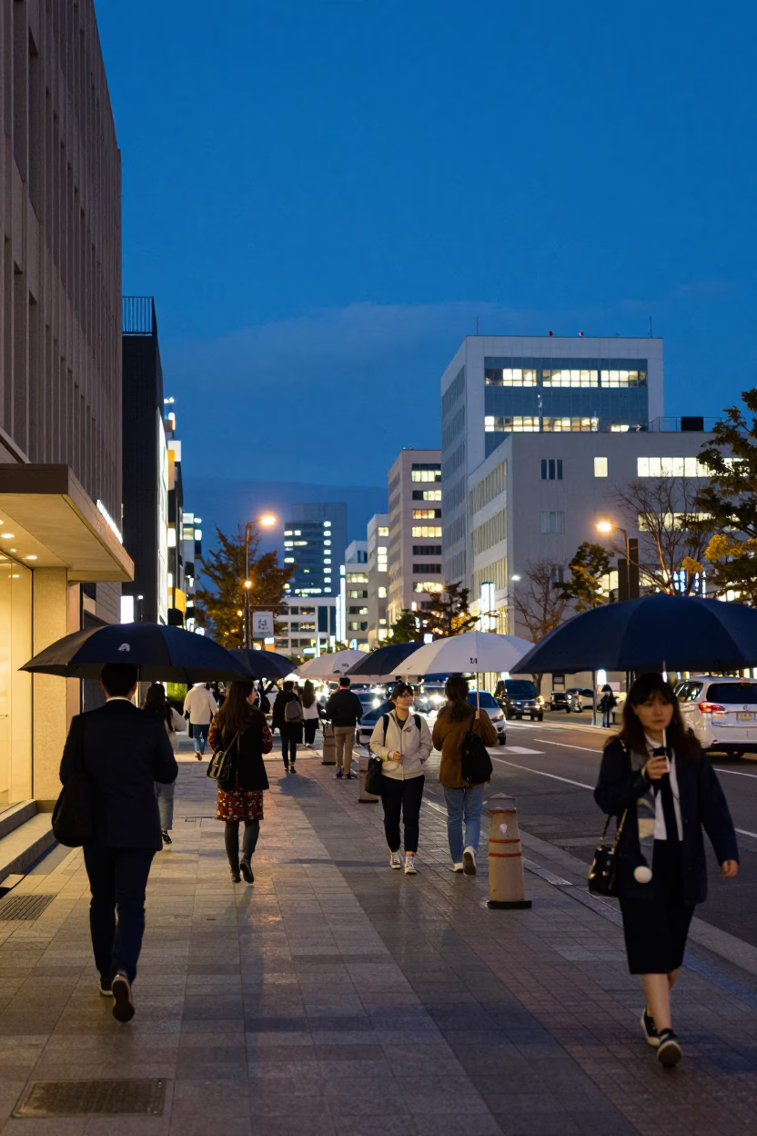 Sapporo Japan Evening Street Scene with Umbrellas and City Lights in in Sapporo, Japan