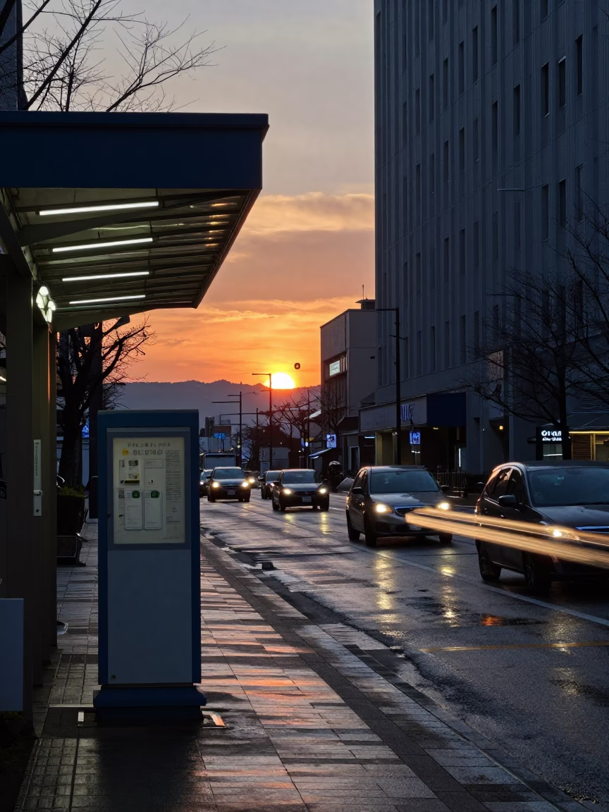 Sapporo Japan Evening Street Scene with Valet Stand and Hotel Awning Under Dusk Light in in Sapporo, Japan