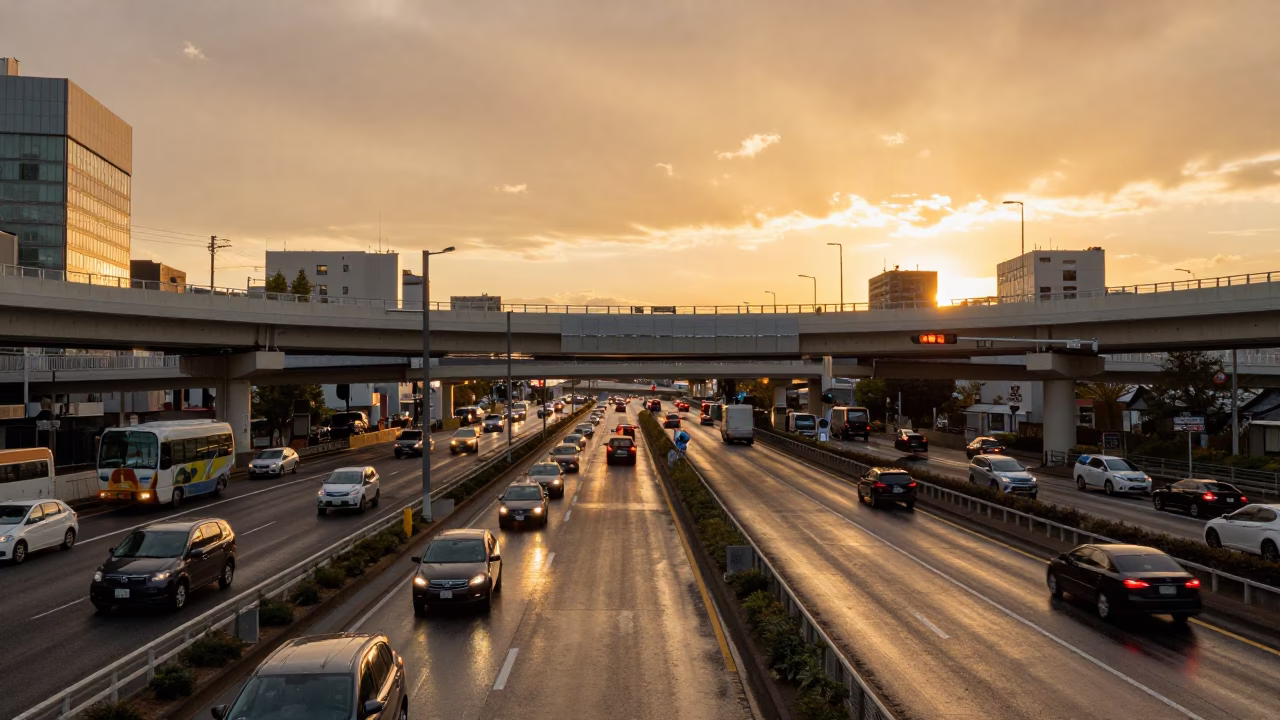 Sapporo Japan Golden Hour Overpass Interchange Lane Split with Taillight Streaks and Urban Infrastructure in in Sapporo, Japan