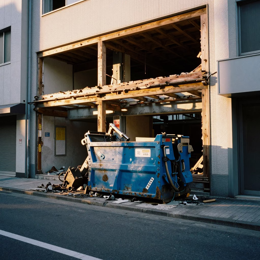 Sapporo Japan Golden Hour Street Scene with Demolition Dumpster and Greasy Latch in in Sapporo, Japan