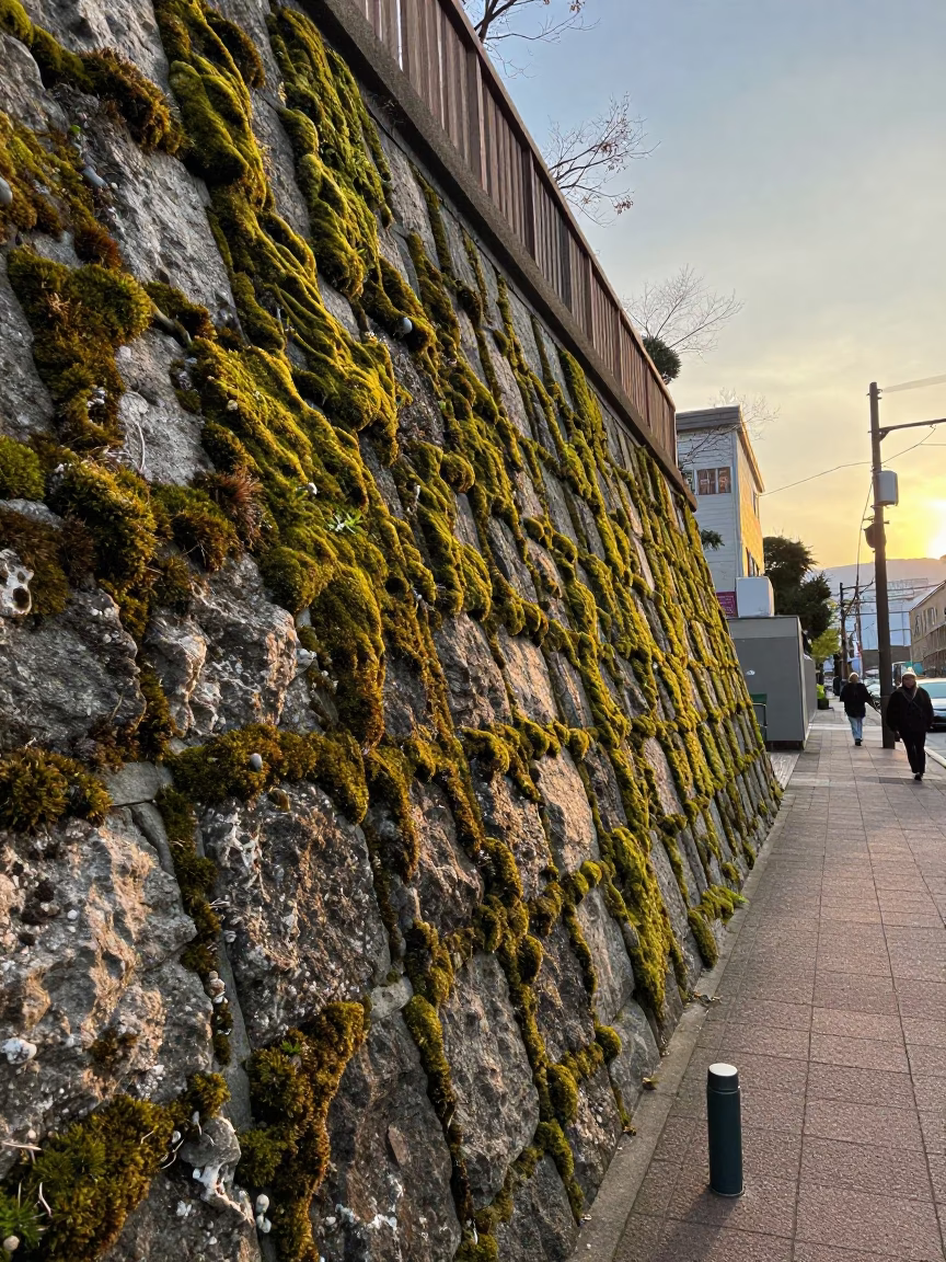 Sapporo Japan Golden Hour Street Scene with Stone Wall Moss and Thermos in in Sapporo, Japan