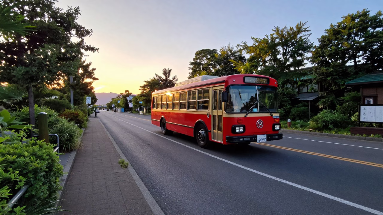Sapporo Japan Golden Hour Street Scene with Vintage Bus and Local Life in in Sapporo, Japan