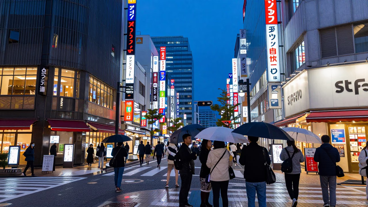 Sapporo Japan Indigo Twilight Busy Street Scene with Neon Signs and Local Life in in Sapporo, Japan