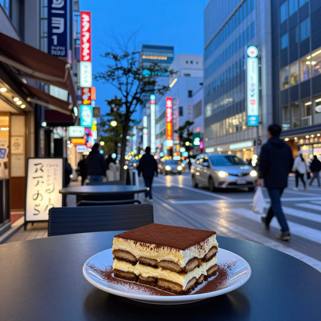 Sapporo Japan Indigo Twilight Busy Street Scene with Tiramisu and Bonsai Wiring in in Sapporo, Japan