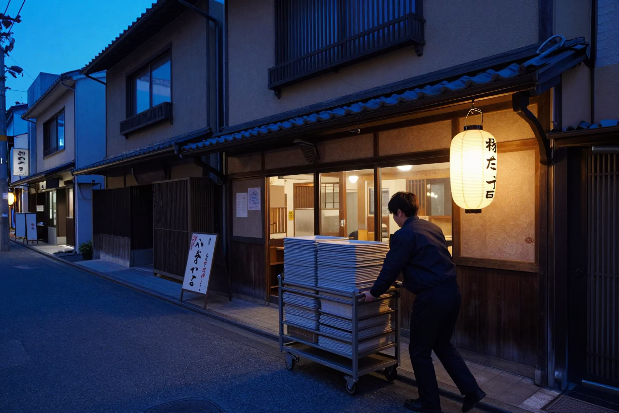 Sapporo Japan Indigo Twilight Rolling Carts Outside Traditional Restaurant in in Sapporo, Japan