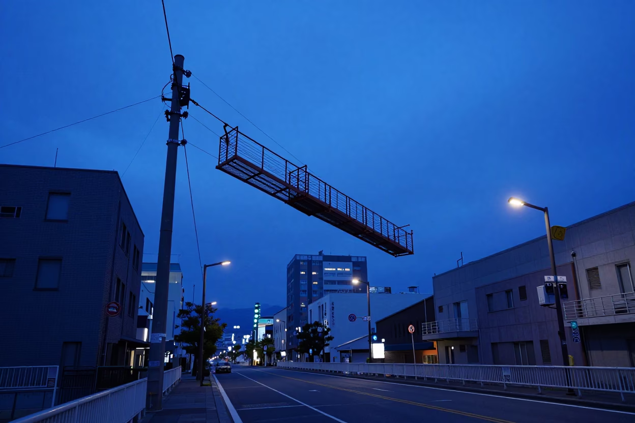 Sapporo Japan indigo twilight street scene with bridge maintenance cage and cherry tree canopy in in Sapporo, Japan