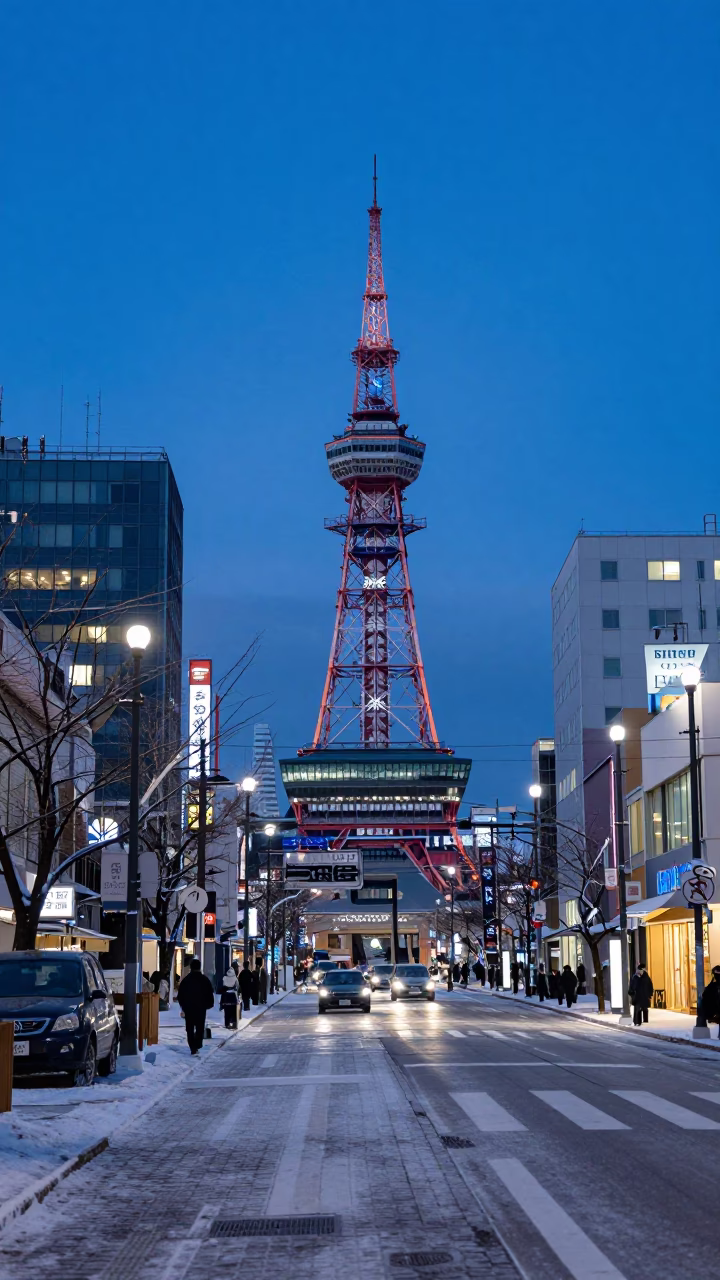 Sapporo Japan Indigo Twilight Street Scene with Frost and Urban Details in in Sapporo, Japan