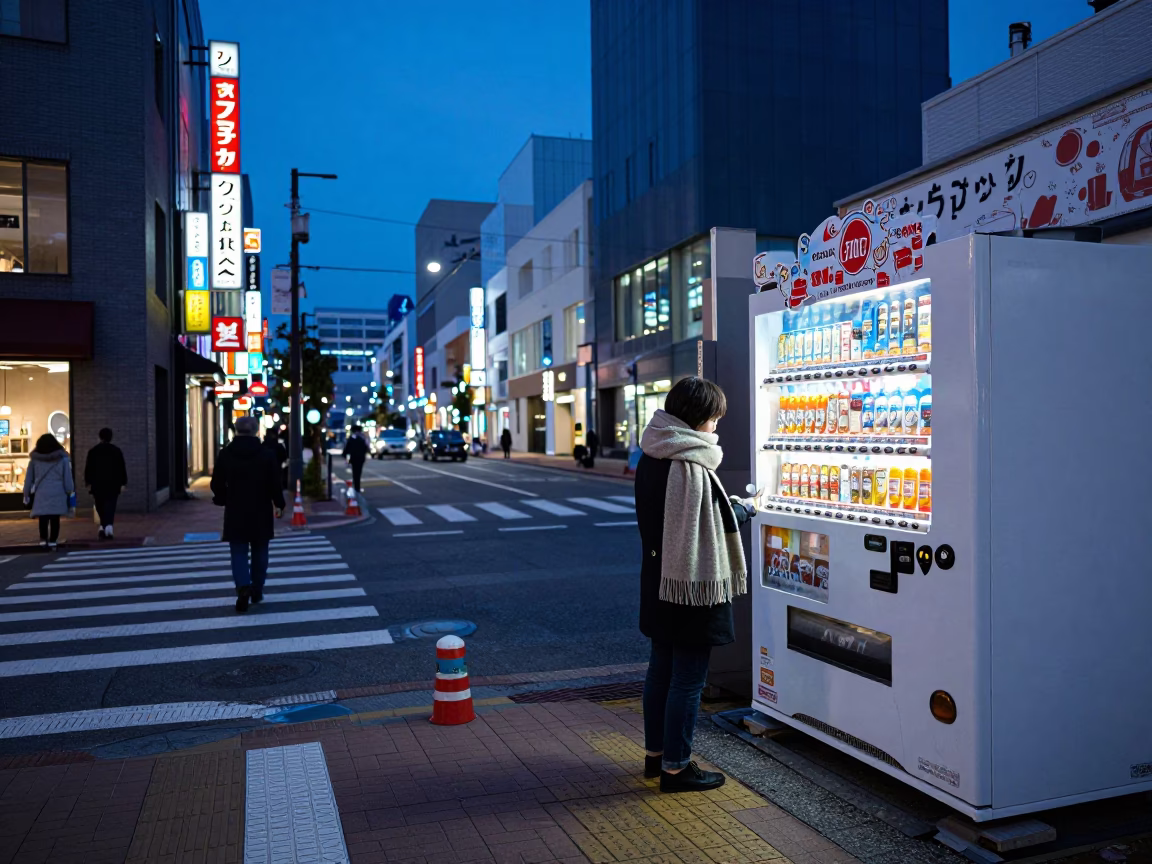 Sapporo Japan indigo twilight street scene with scarf and coffee tin in in Sapporo, Japan