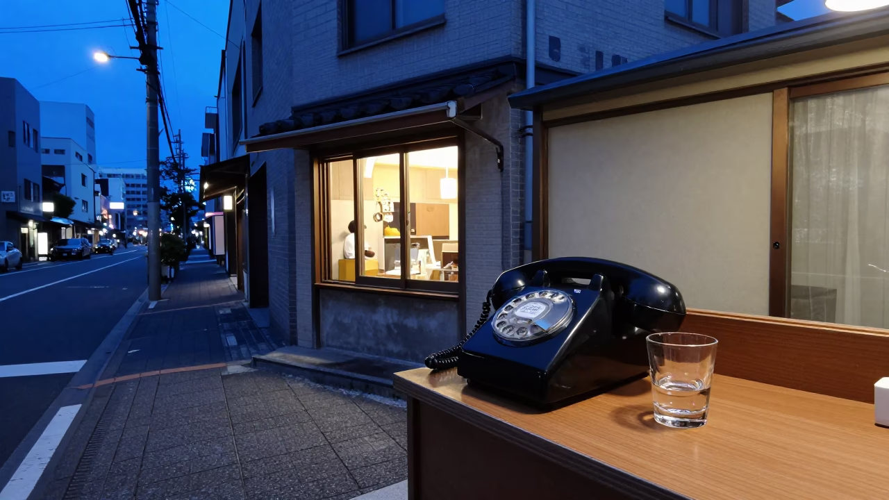 Sapporo Japan indigo twilight street scene with vintage Bakelite telephone and glass cabinet details in in Sapporo, Japan