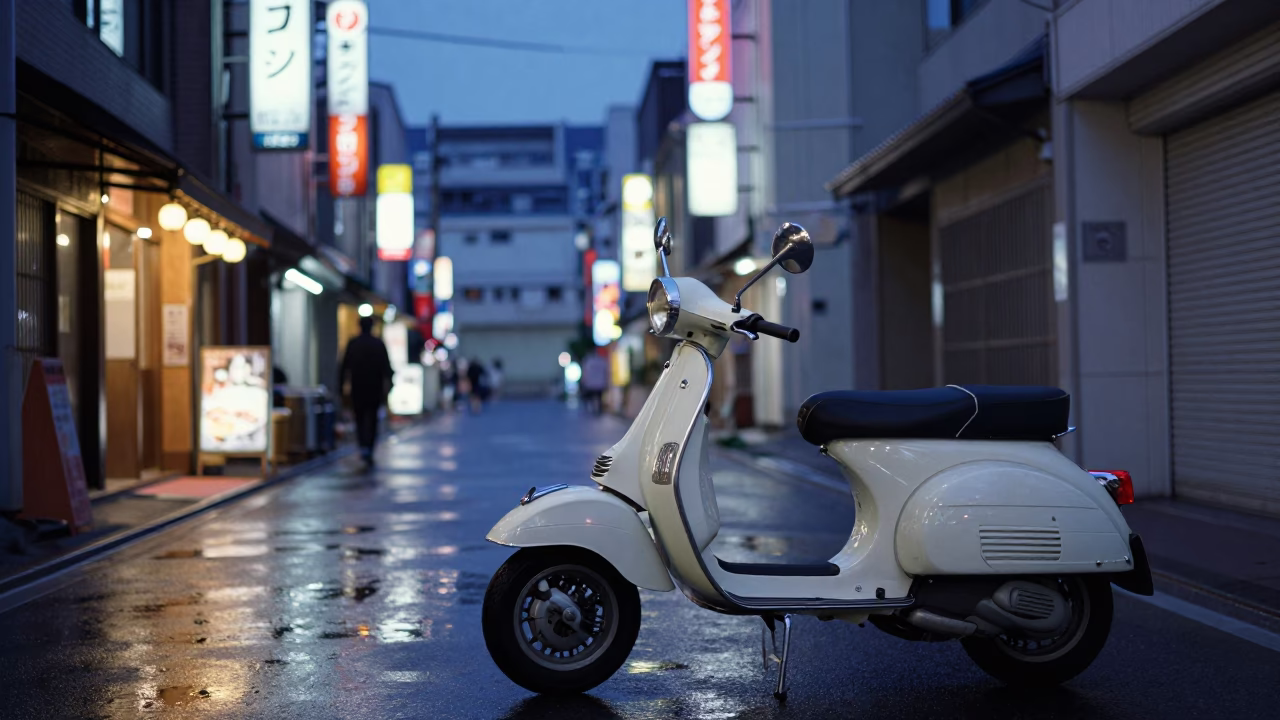 Sapporo Japan indigo twilight street scene with vintage Vespa on cobblestone lane in in Sapporo, Japan