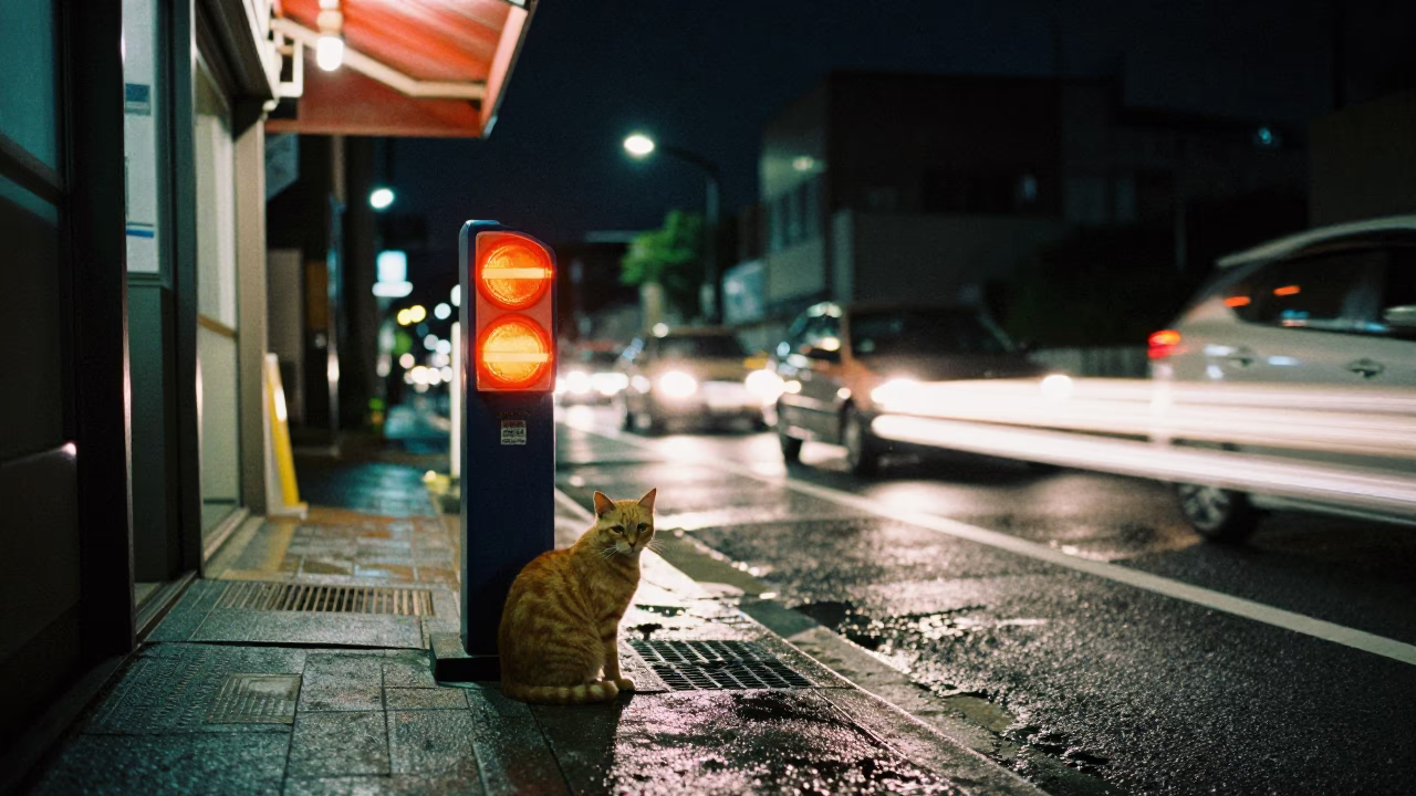 Sapporo Japan Late Night Hotel Valet Stand Headlight Streaks Orange Cat in in Sapporo, Japan