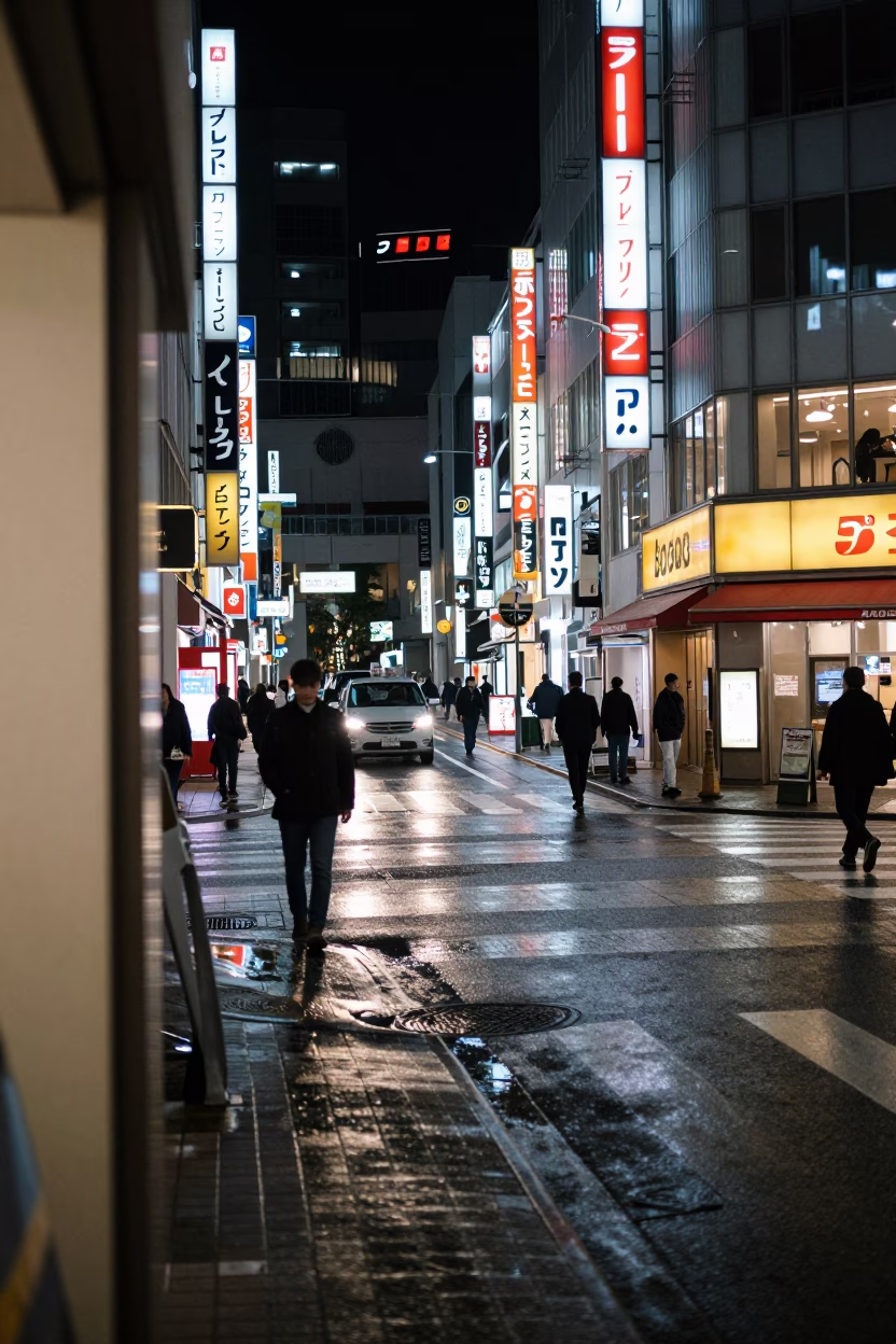 Sapporo Japan Late Night Street Scene with Doorframe and Grease Sheen Reflection in in Sapporo, Japan