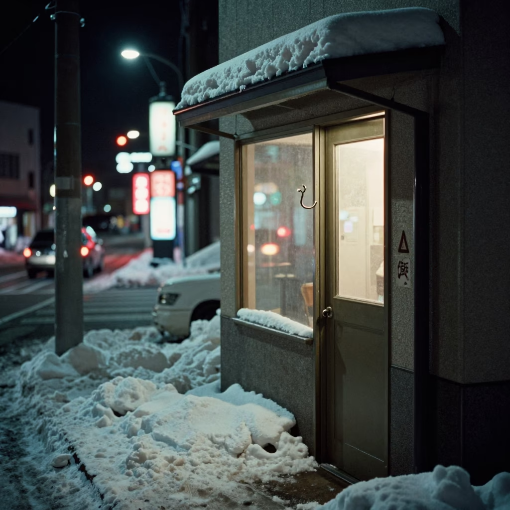 Sapporo Japan Late Night Street Scene with Neon Reflections and Winter Ice in in Sapporo, Japan