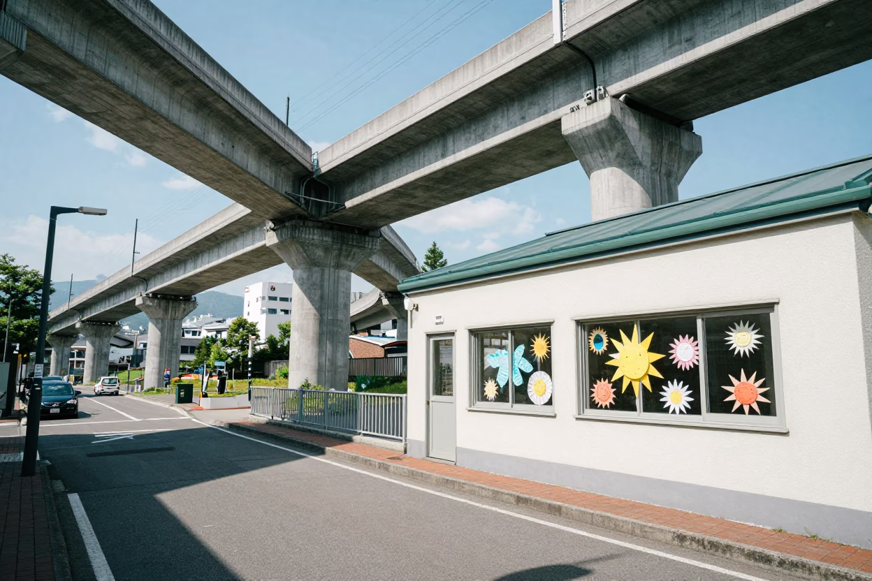 Sapporo Japan midday street scene with concrete viaduct and preschool window art in in Sapporo, Japan